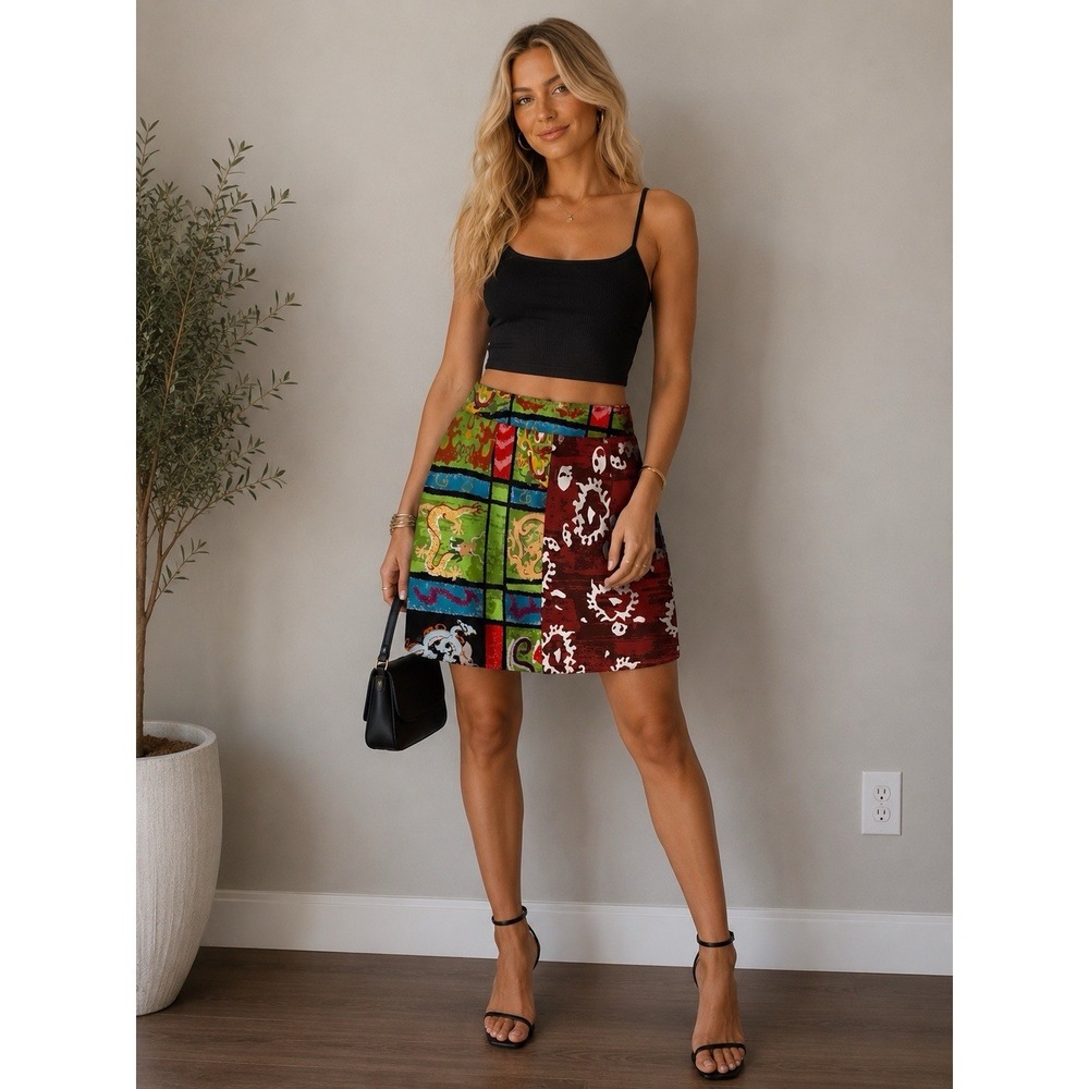 SheIn Curve Skirt‎ Multicolor Dragon Print A-Line Short Satin 2XL Casual Plus